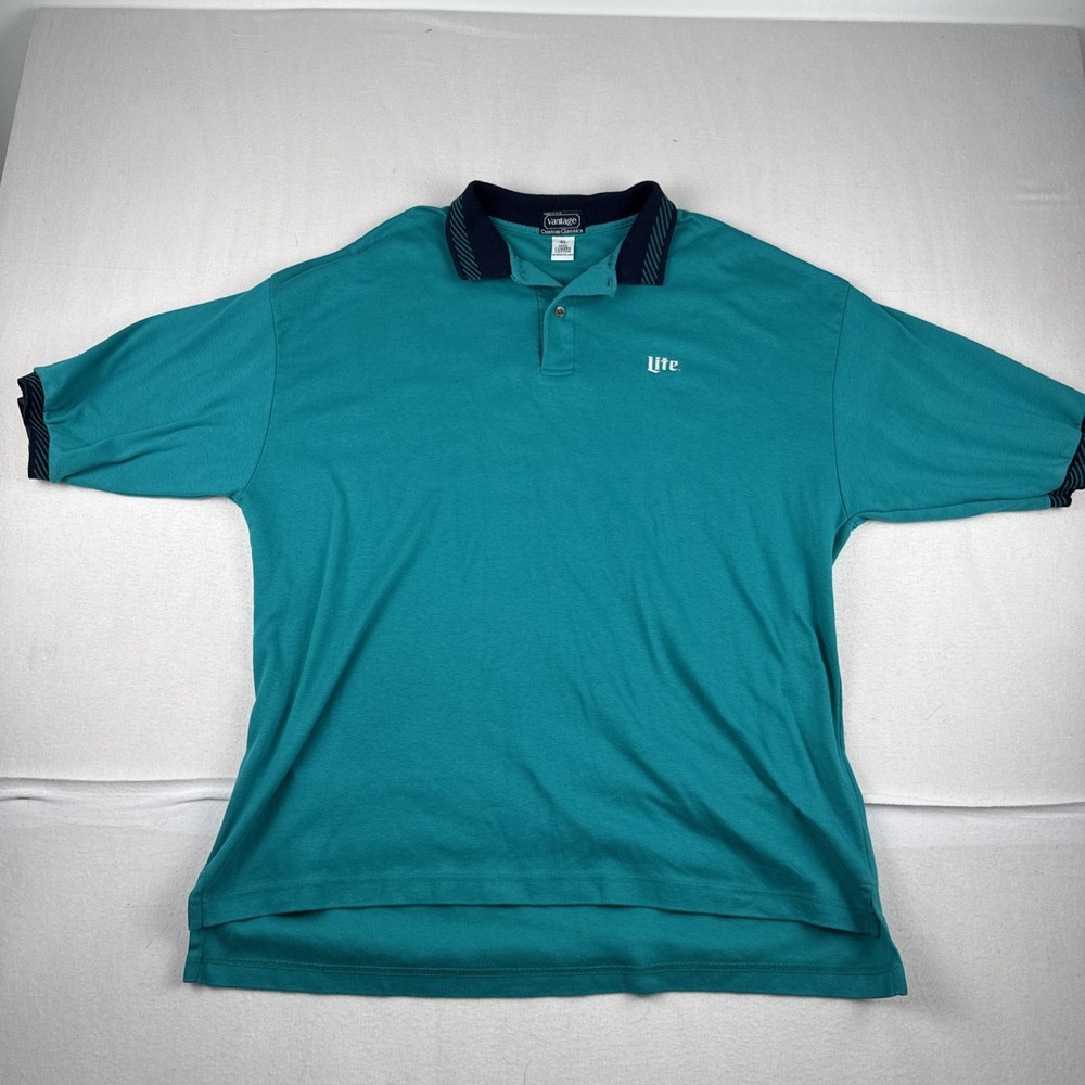 Vtg Mens Miller Lite Vantage Custom Classics Teal Polo Shirt XL Y2k 90s Made USA